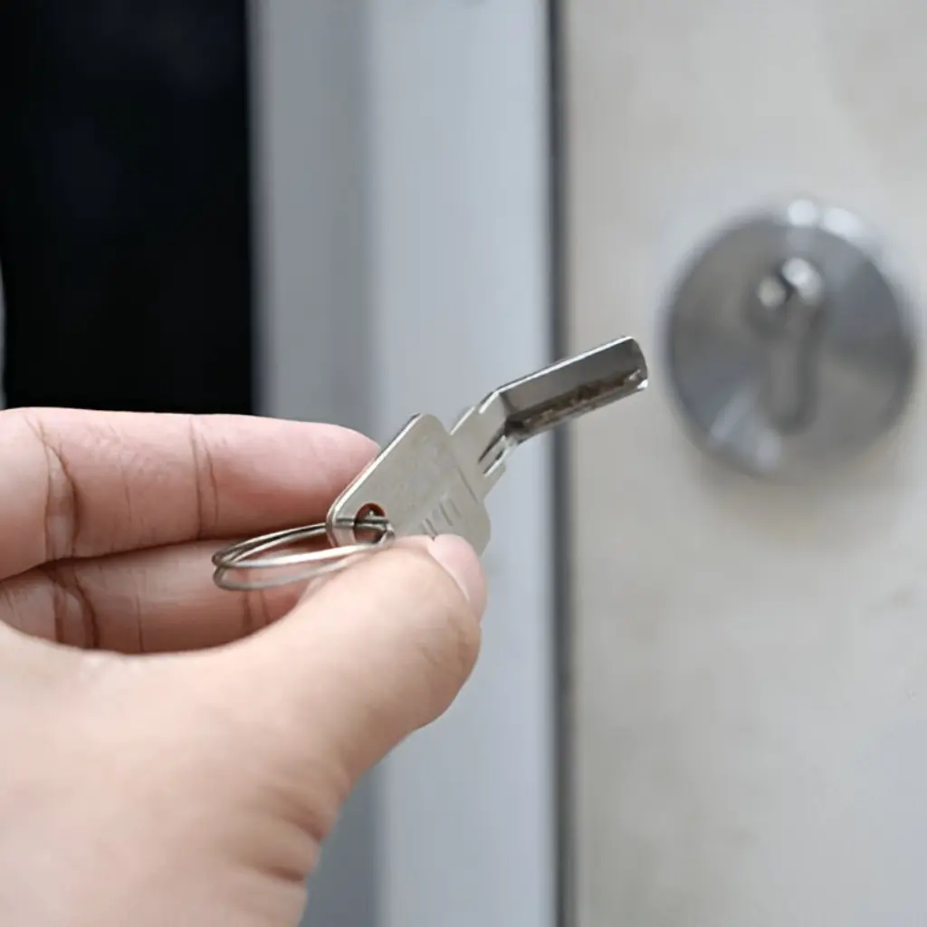 Close-up van hand met afgebroken sleutel in slot