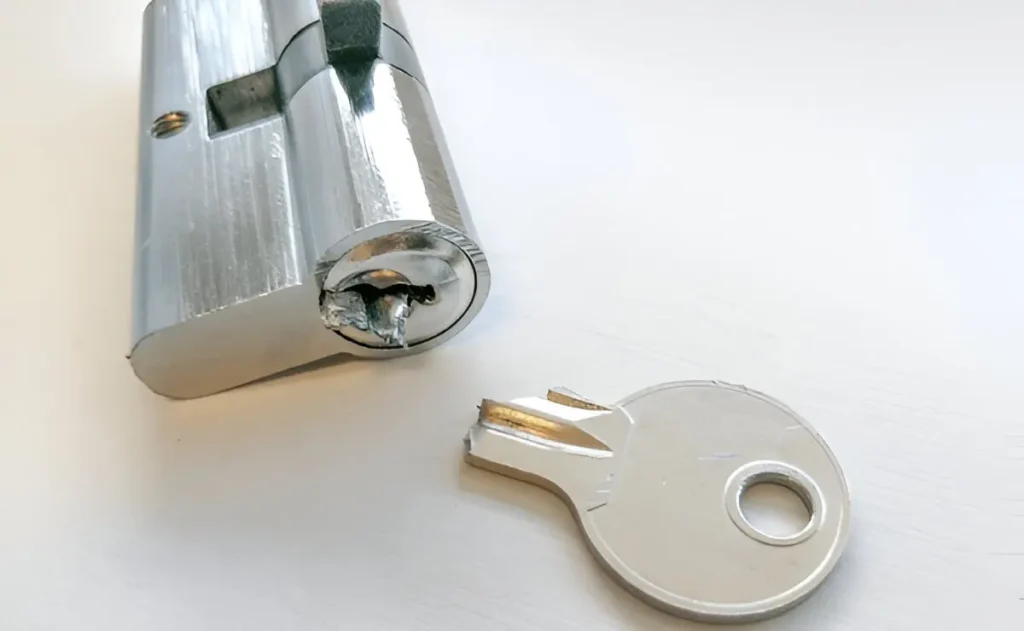 Cilinderslot met afgebroken sleutel in slot en losse sleutelkop