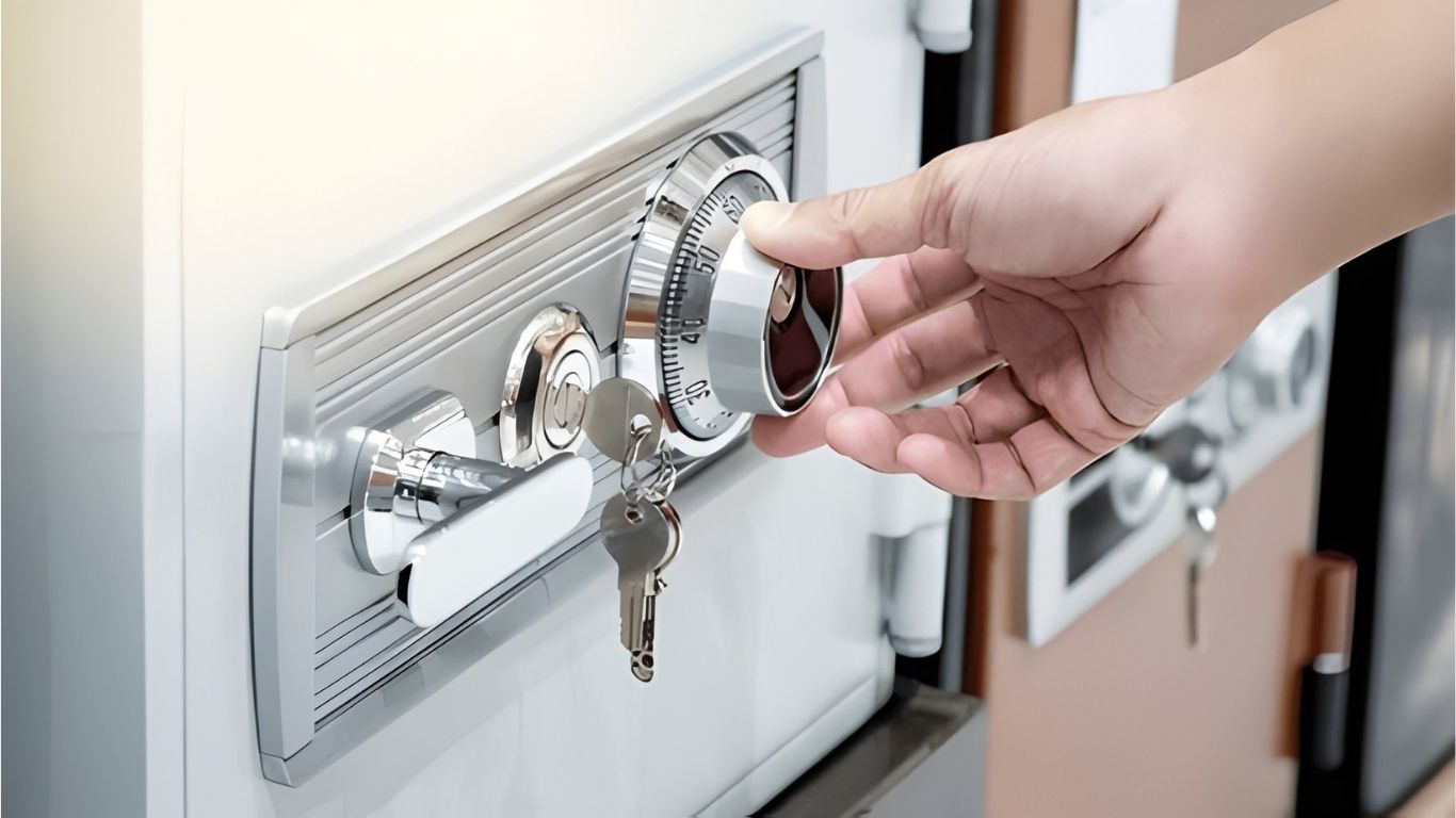 Hand draait aan combinatieslot van kluisdeur