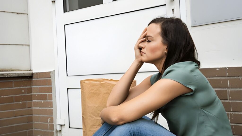 Vrouw zit buitengesloten voor witte deur