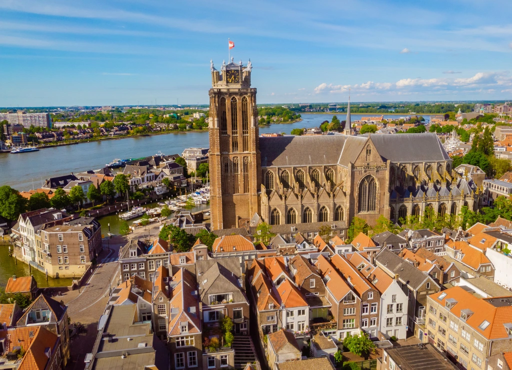 Dordrecht Netherlands, skyline of the old city of Dordrecht with church and canal buildings
